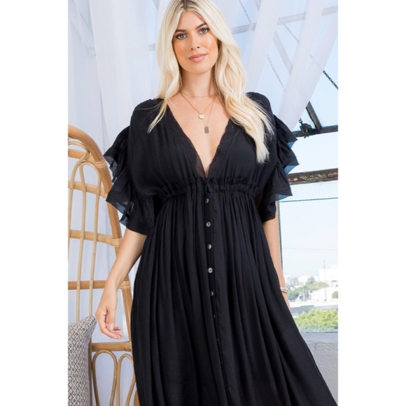 SOLD OUT Black Gauze Boho Button Short Slv Deep V Woven Gathered Maxi Dress - Picture 6 of 7